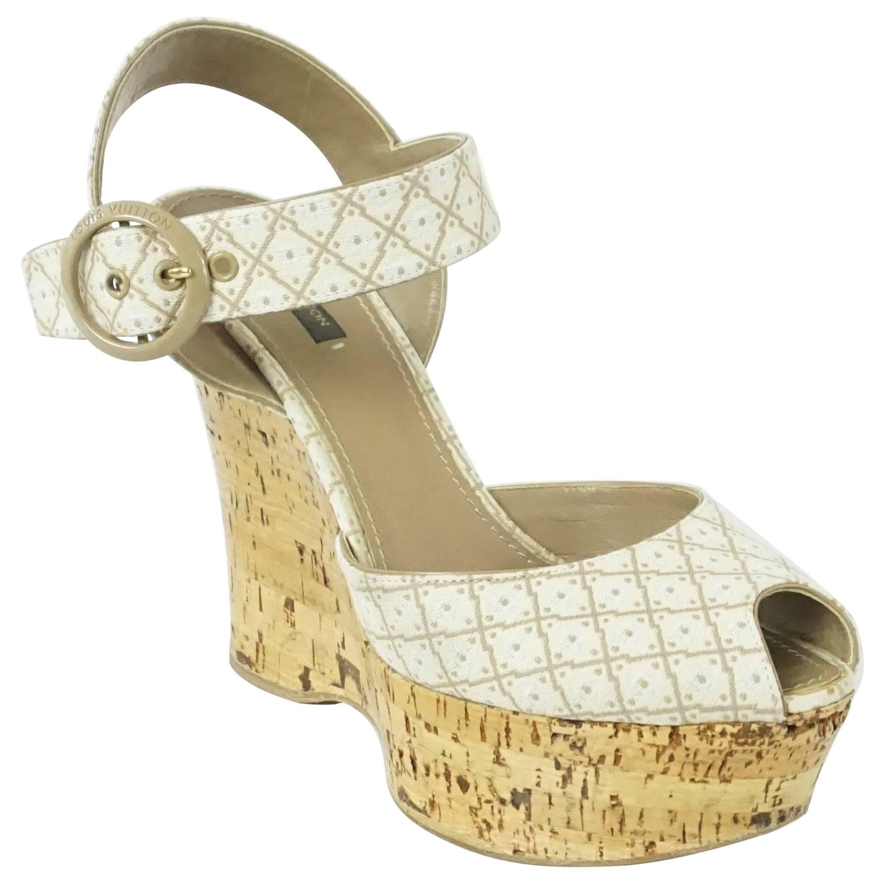 Louis Vuitton Beige Printed Cork Wedges with Ankle Strap - 41 For Sale