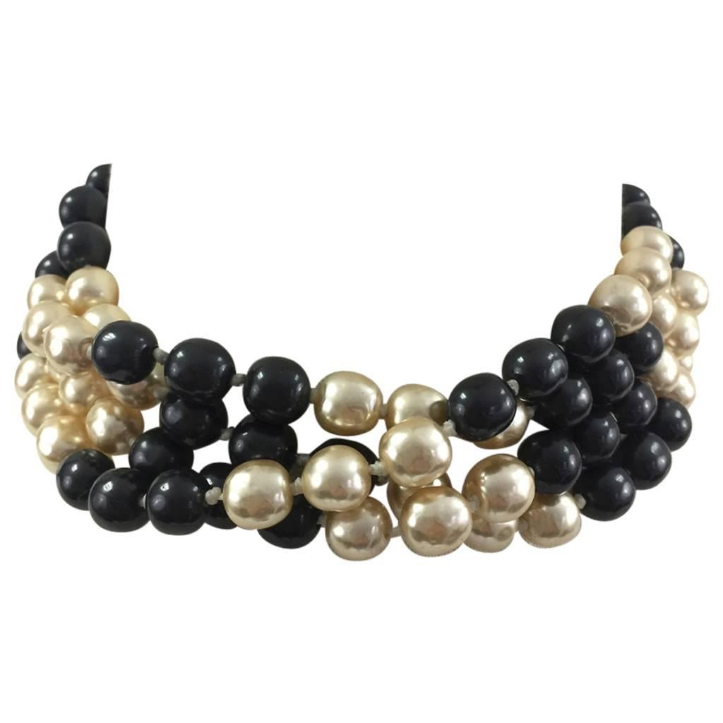 Karl Lagerfeld Black and Cream Faux Pearls Twisted Choker, 1980s  For Sale