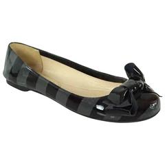Prada Black and Gray Patent Striped Flats with Bow - 36