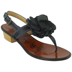 Lanvin Black Satin Sandals with Camellia - 37
