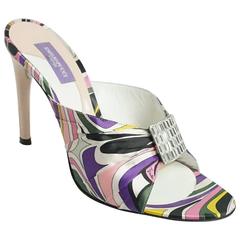 Emilio Pucci Multi Silk Slide with leather heel and rhinestone front detail-37 5