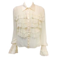 Valentino Ivory Sheer Silk Poet Blouse With Satin Trim and Lace Detail