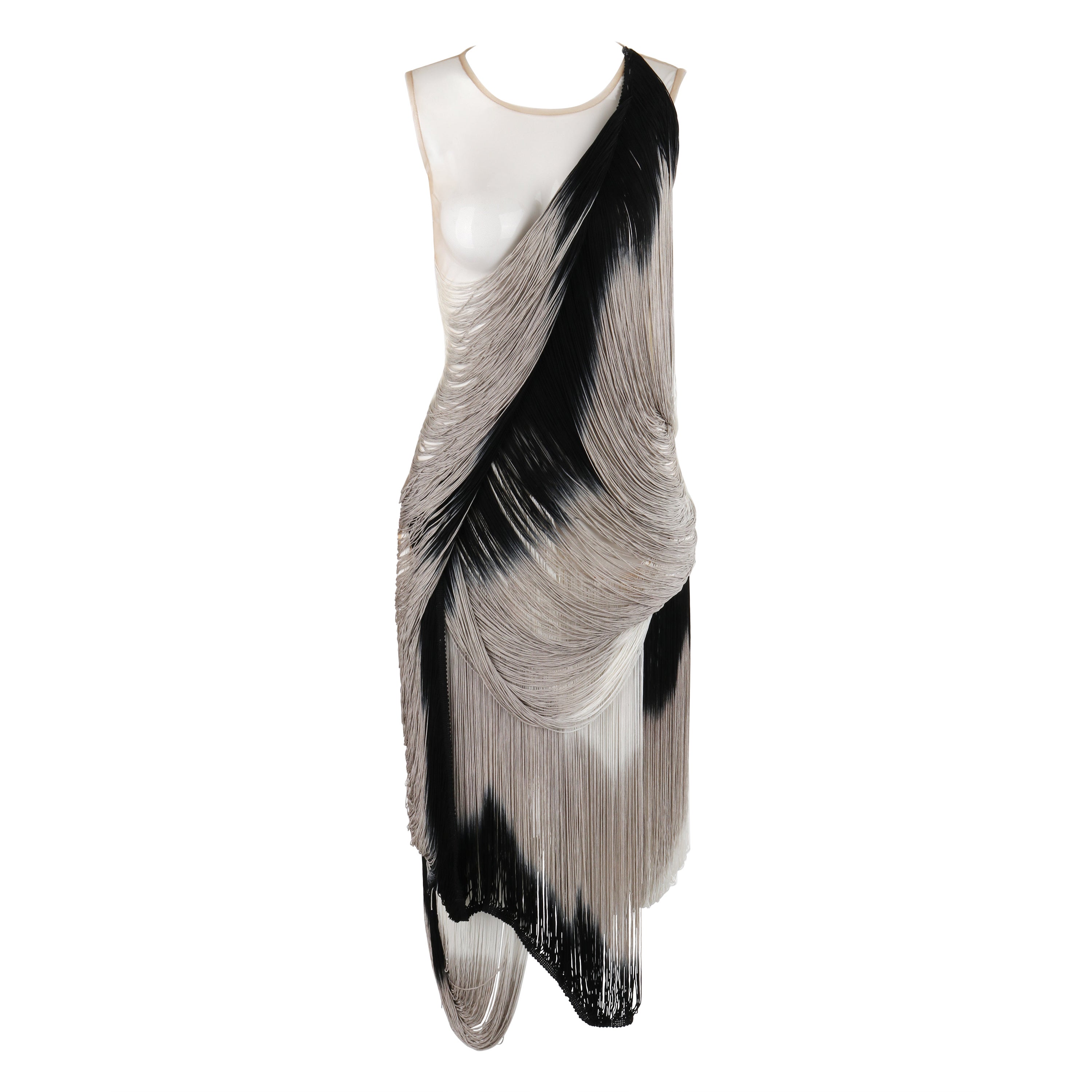 ALEXANDER McQUEEN S/S 2009 Black Gray Nude Mesh Tassel Fringe Draped Dress For Sale