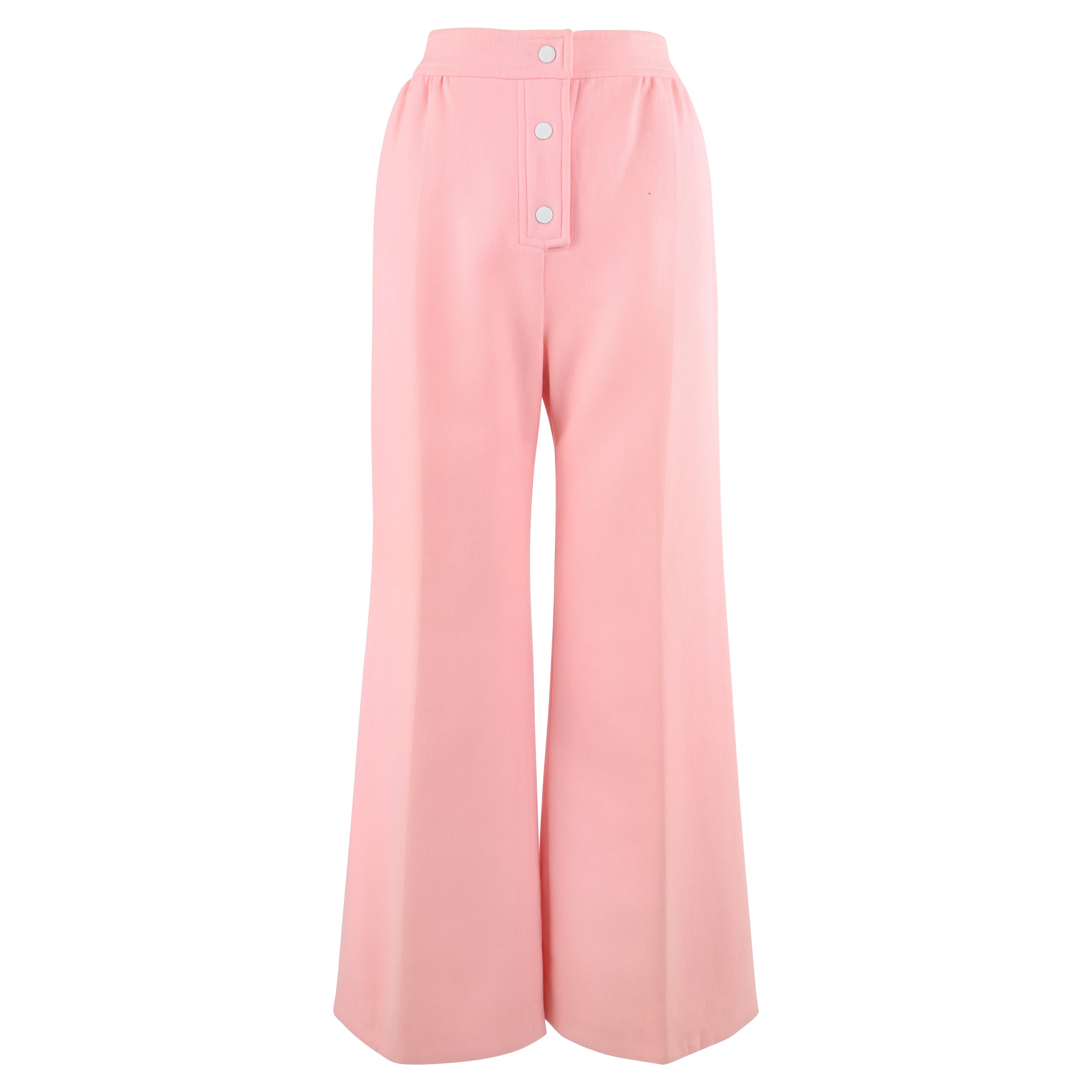 COURREGES Hyperbole c.1970's Vtg Pantalon pantalon large en laine rose à taille haute en vente