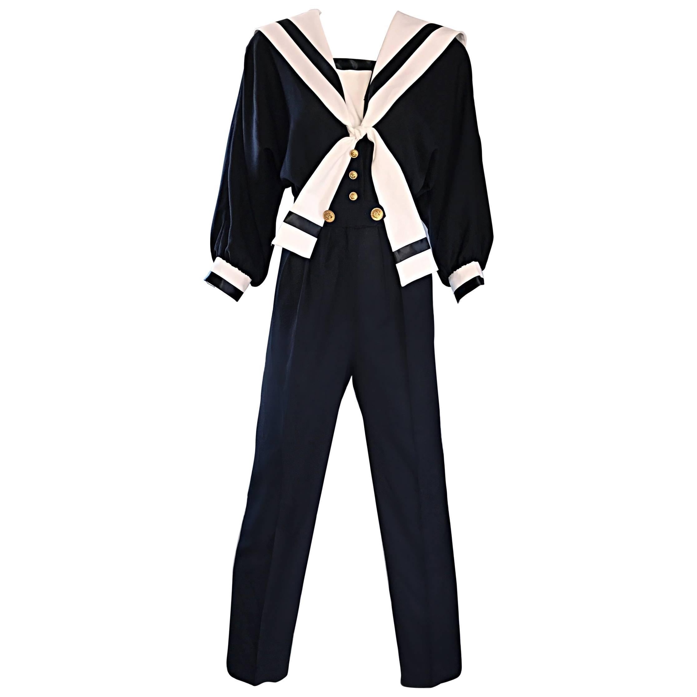 Rare Vintage Andree Gaye 80s Nautical Black and White 1980s Sailor Jumpsuit 