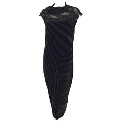 New Escada Black and Gold Metallic Knit Cap Sleeve Dress With Cowl Neck