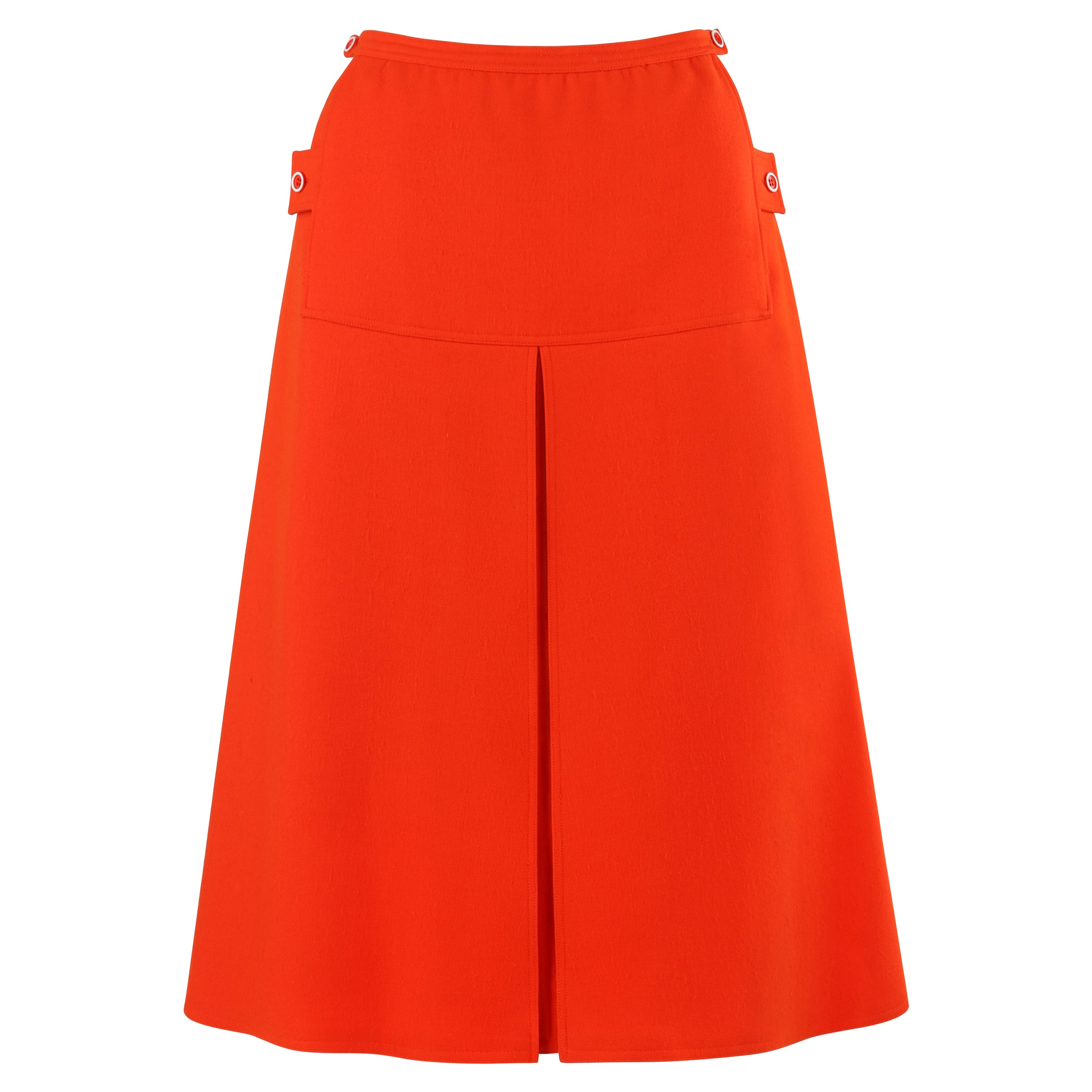 COURREGES c.1960's Vtg Orange Wool A Line Pleated Knee Length Button Skirt For Sale