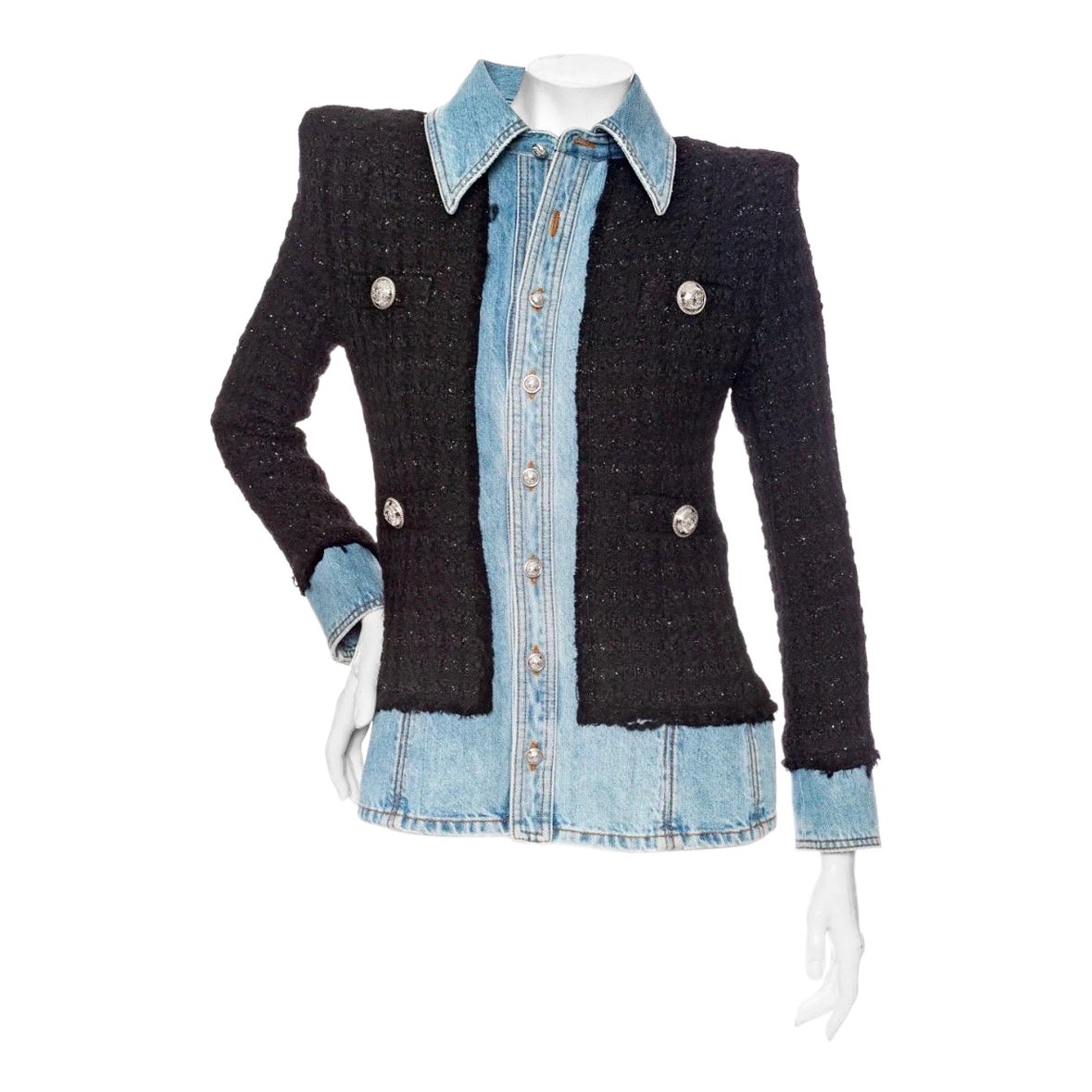 Balmain Black Tweed and Blue Denim Layered Jacket For Sale