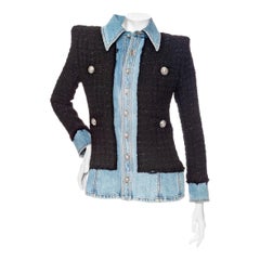 Balmain Mehrschichtige Jacke aus schwarzem Tweed und blauem Denim