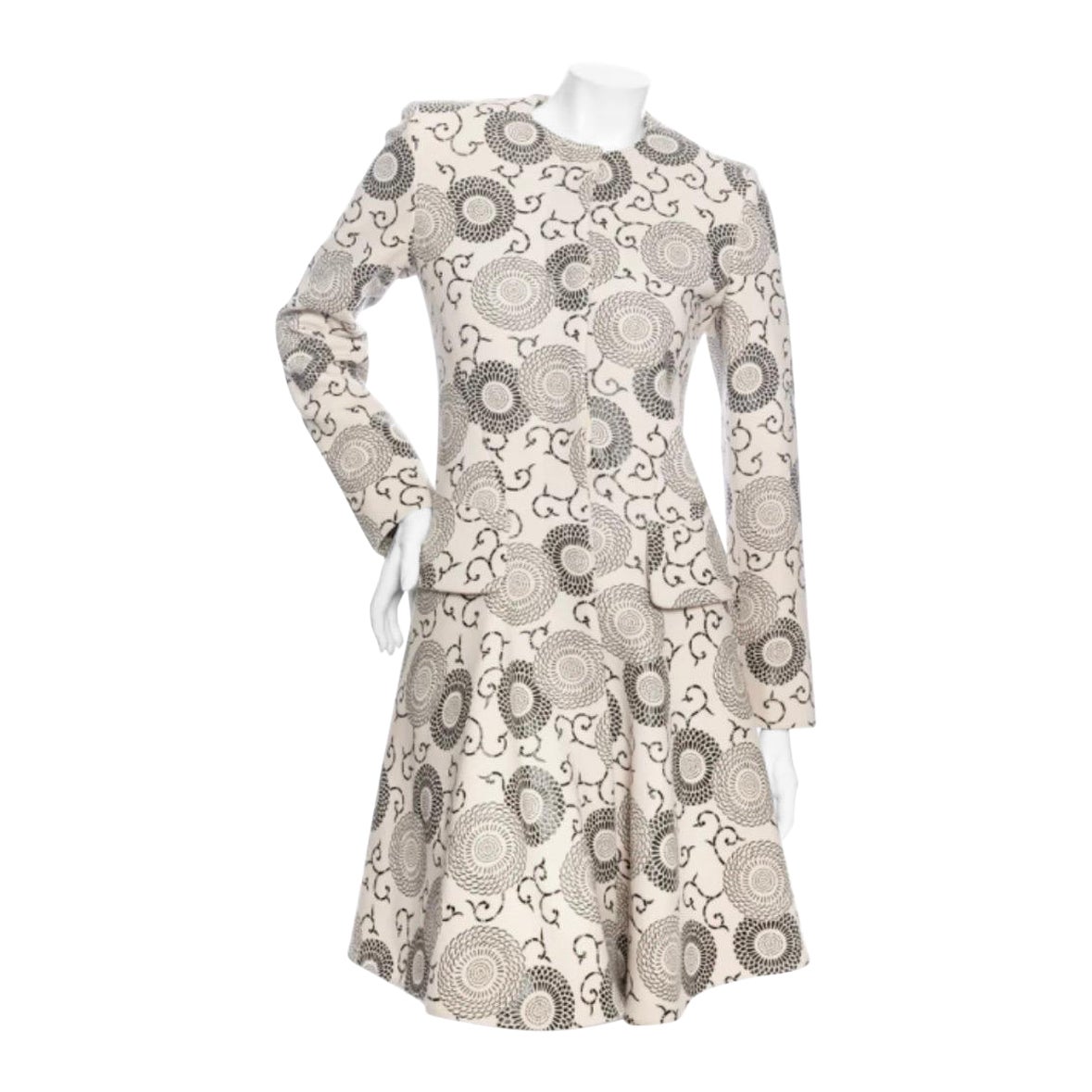 Etro Cream and Black Floral Print Swing Coat Fall2012 For Sale