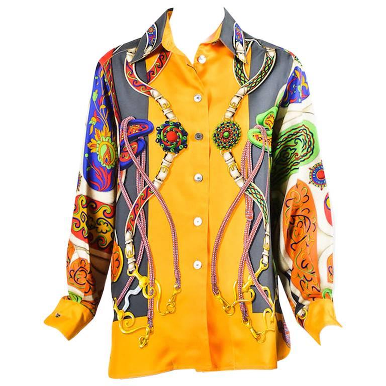 Vintage Hermes Multicolor Floral & Sangle Silk Printed Button Up Blouse Size 38 For Sale