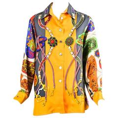 Vintage Hermes Multicolor Floral & Sangle Silk Printed Button Up Blouse Size 38