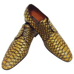 New Roberto Cavalli Men's Old Gold Crocodile Embossed Leather Shoes 
