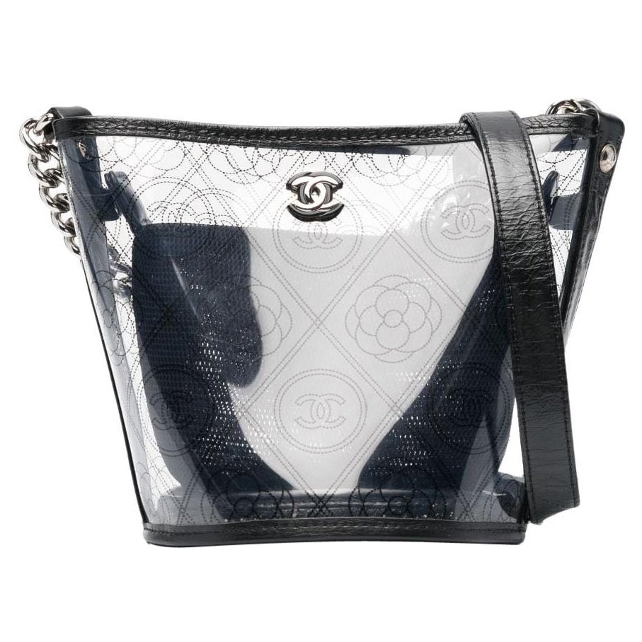 Chanel 2018 Spring Summer Transparent Clear PVC Camellia Small Mini Bucket Bag  For Sale