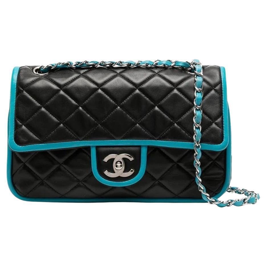 Chanel 2006 Medium Double Classic Flap in Black Lambskin Turquoise Piping Bag For Sale