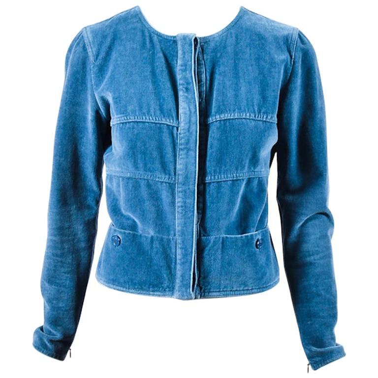 Chanel Blue Velvet Button Front Zip Detail Jacket Size 36 For Sale