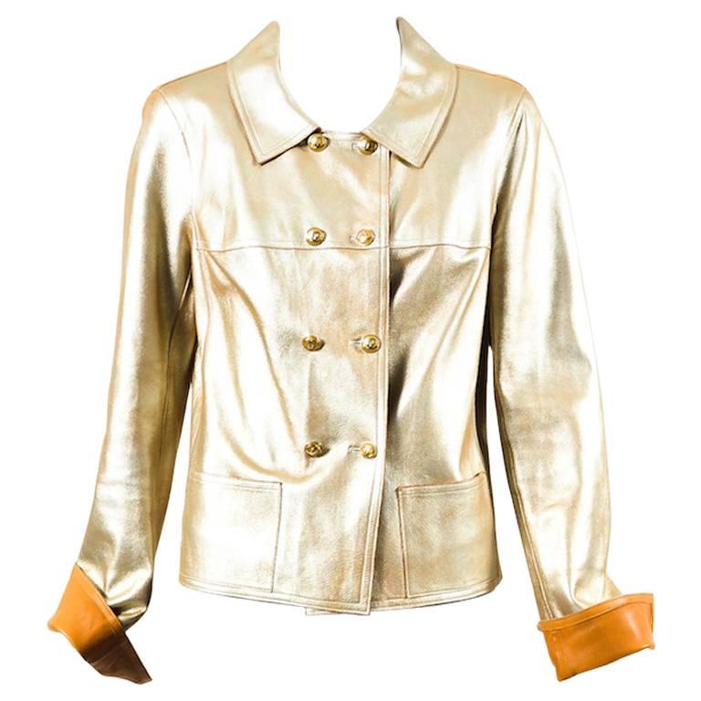 Chanel 05P Metallic Gold Lambskin Leather 'CC' Double Breasted Jacket Size 42 For Sale