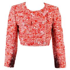 Chanel Red White Tweed Double Breasted 'CC' Button Cropped Jacket Size 38