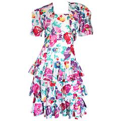 Fantastic 1980s Vintage 80s Hand Painted Strapless Floral Dress & Cropped Bolero 9