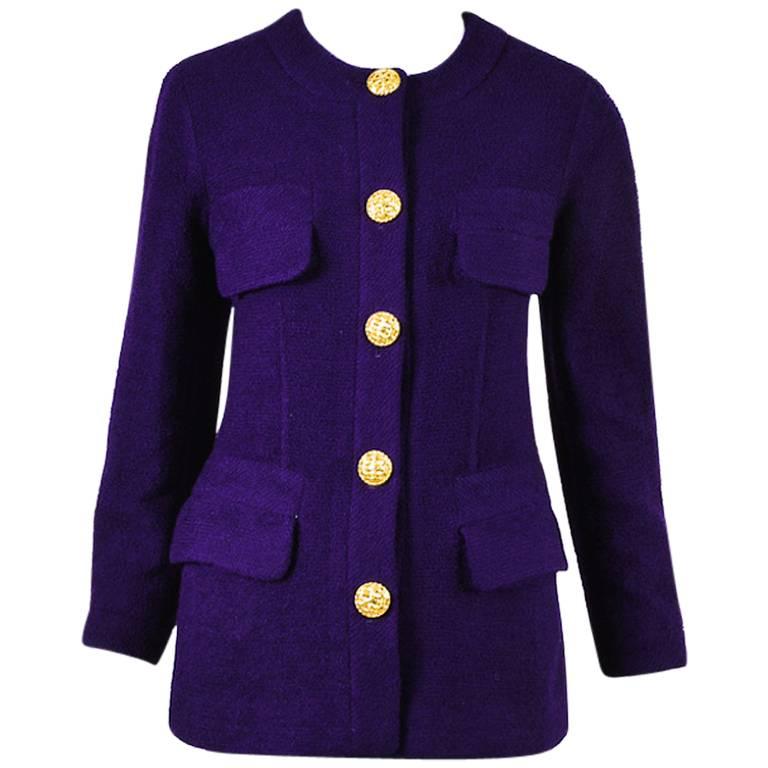 Chanel Boutique Purple Gold Tone Boucle Knit Woven Button Long Sleeve Jacket For Sale