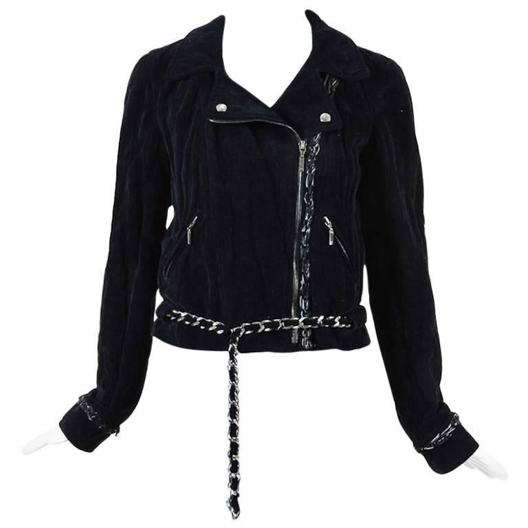 Chanel 06A Navy Velvet Silver Tone Chain Link Zip Up Motorcycle Jacket Size 38 For Sale