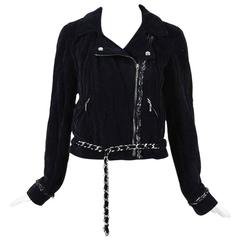 Chanel 06A Navy Velvet Silver Tone Chain Link Zip Up Motorcycle Jacket Size 38