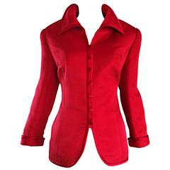 Louis Feraud Size 12 1990s Lipstick Red Vintage Silk + Wool Ribbed Blazer Jacket