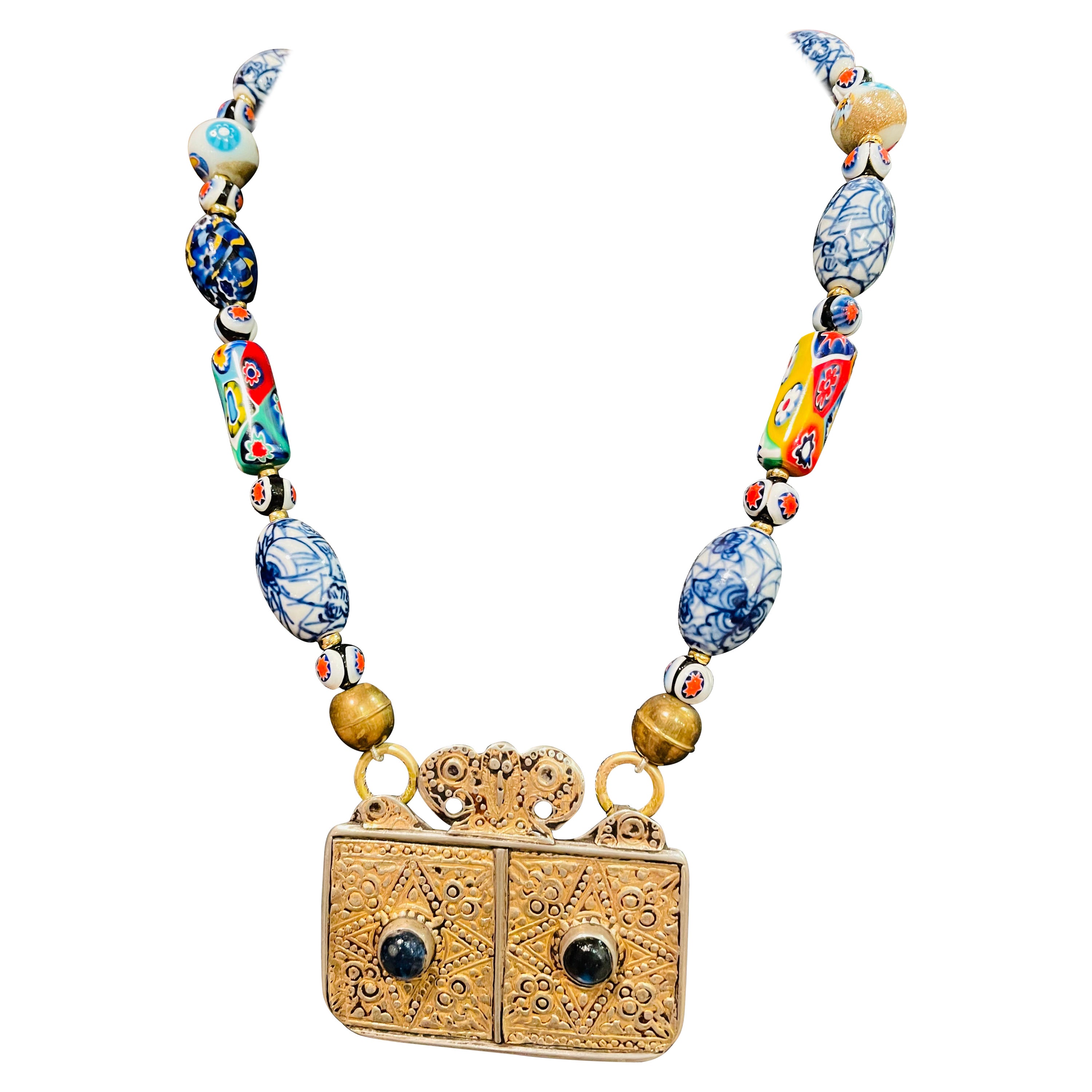 LB offers Antique Sterling Silver, Lapis, Tibetan pendant, Murano glass necklace For Sale