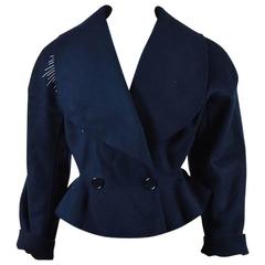 Vintage Alaia Navy Blue & White Wool Embroidered & Oversize Lapel Jacket SZ 10