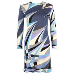 EMILIO PUCCI c.1960's Blue Op Art Signature Print 100% Silk Jersey Sheath Dress