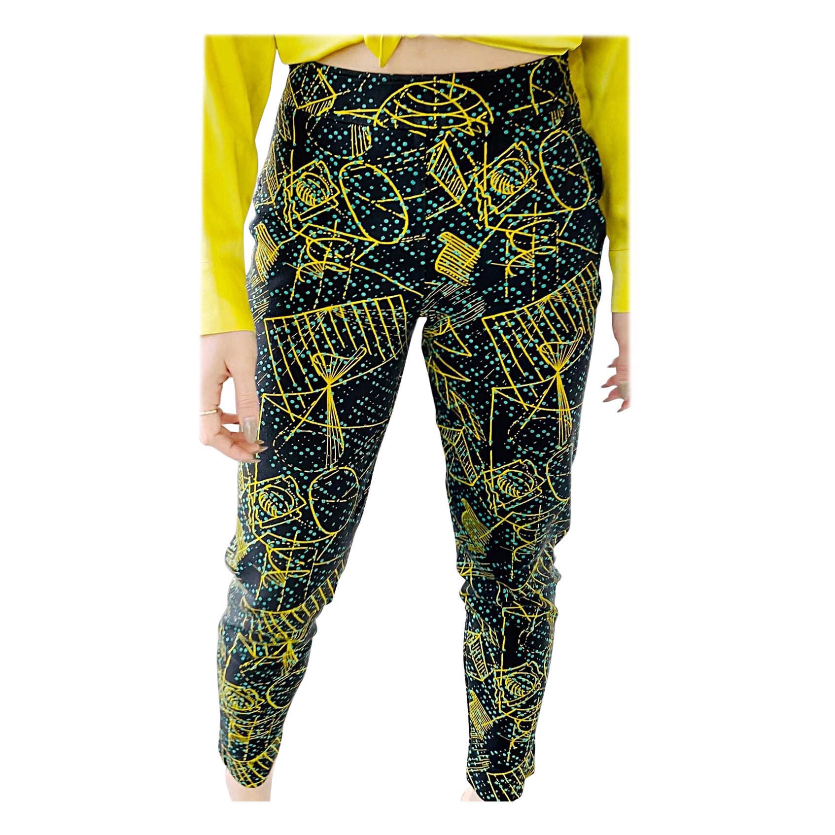 Rare Herve Leger 1980s Hand Painted High Waisted Galaxy Print Cigarette Pants For Sale