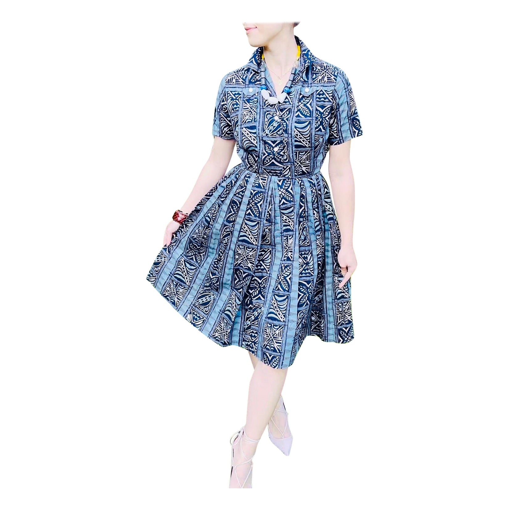 1950s Alfred Shaheen Surf n’ Sand Hand Printed Vintage Blue Cotton 50s Dress For Sale