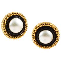 Vintage Chanel Black & Gold Tone Faux Pearl & Resin Post Earrings