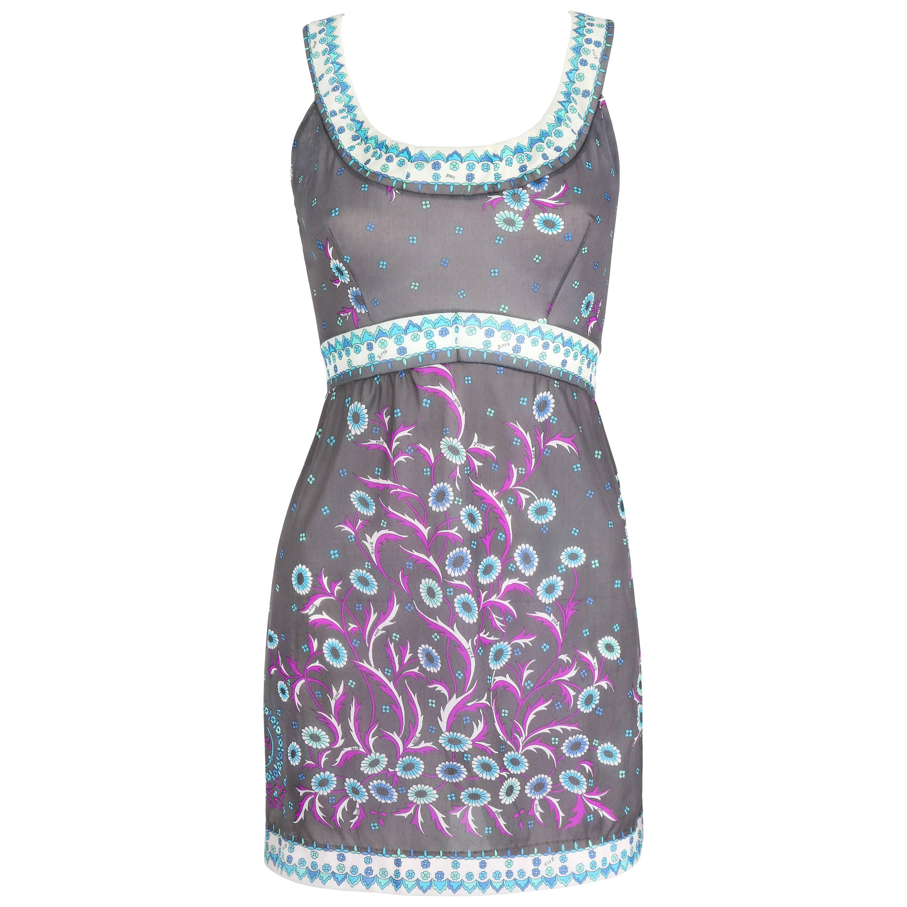 EMILIO PUCCI c.1960's Formfit Rogers Gray Floral Sleeveless Tunic Mini Dress