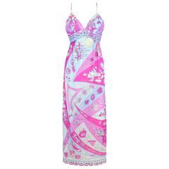 EMILIO PUCCI c.1970's Formfit Rogers Pale Blue Floral Print Long Slip Maxi Dress 8
