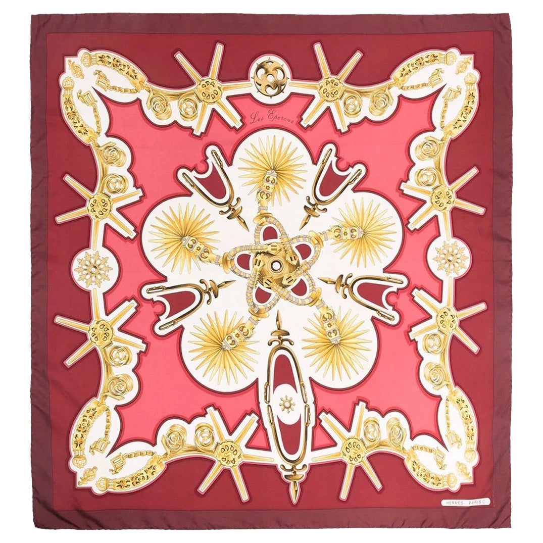 Hermes Red Silk Scarf Les Eperons by F. de la Perriere For Sale