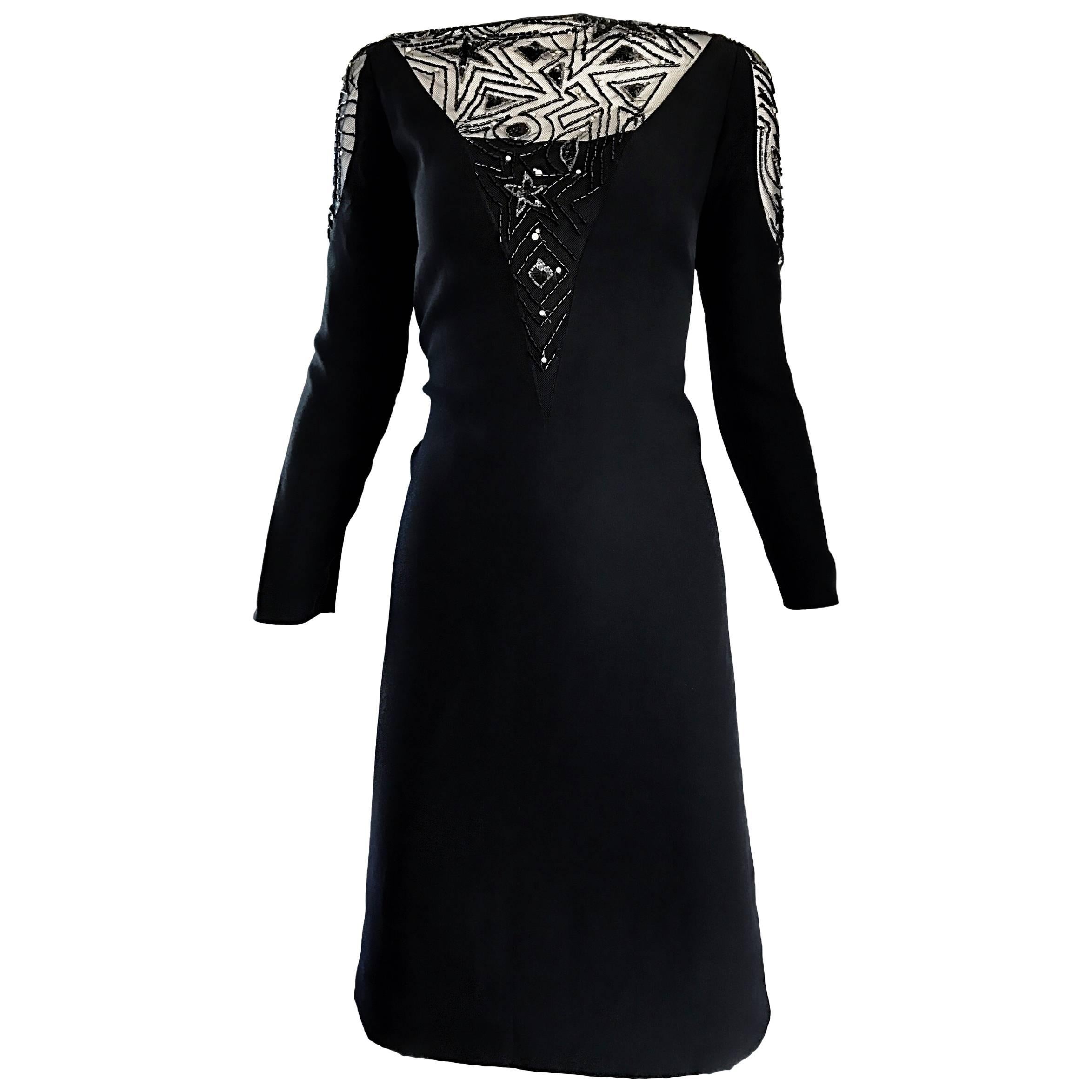 Vintage Bob Mackie Size 10 / 12 Black Illusion Sequin Beaded Little Black Dress For Sale