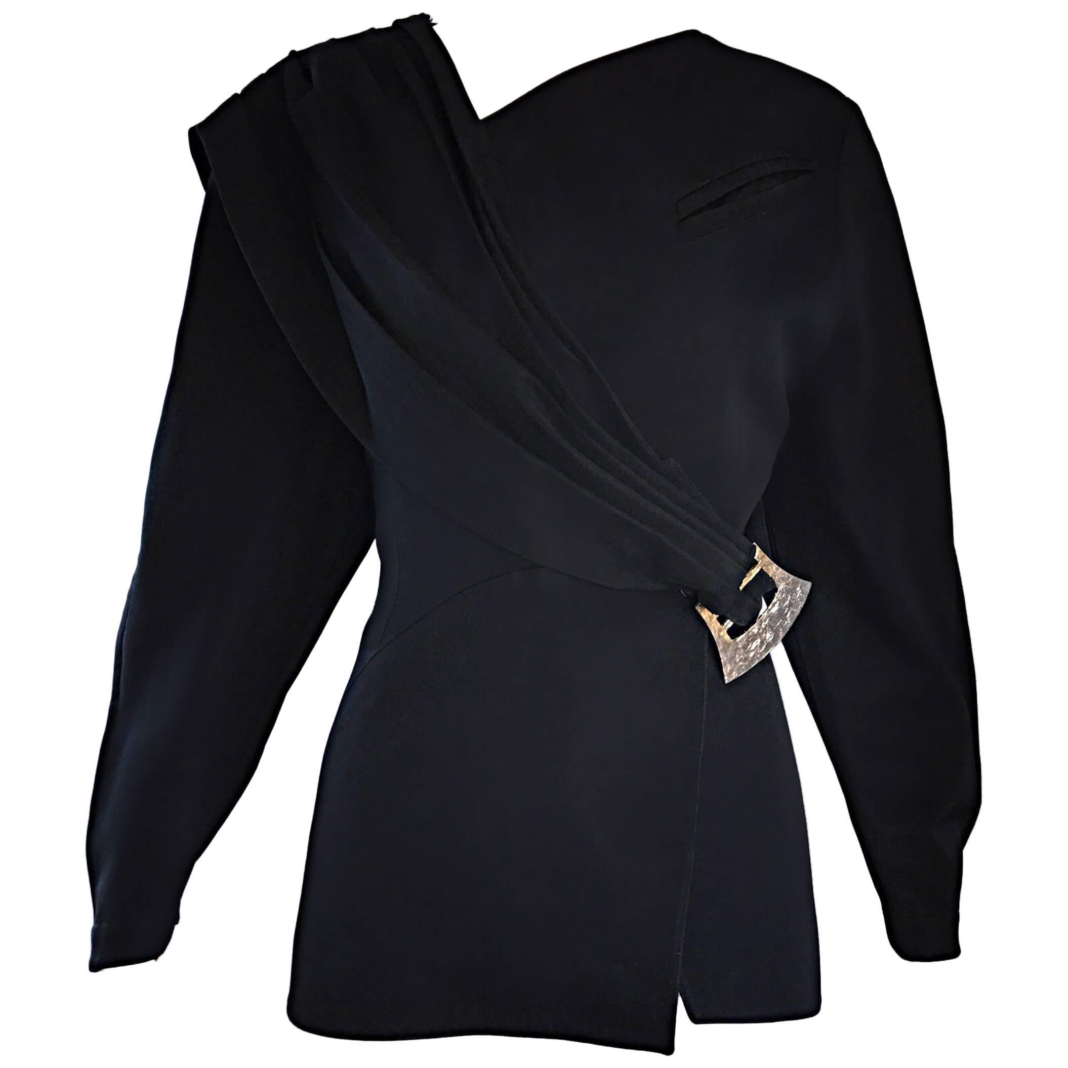 Vintage Thierry Mugler Black Avant Garde 1980s Asymmetrical Sash 80s Jacket 