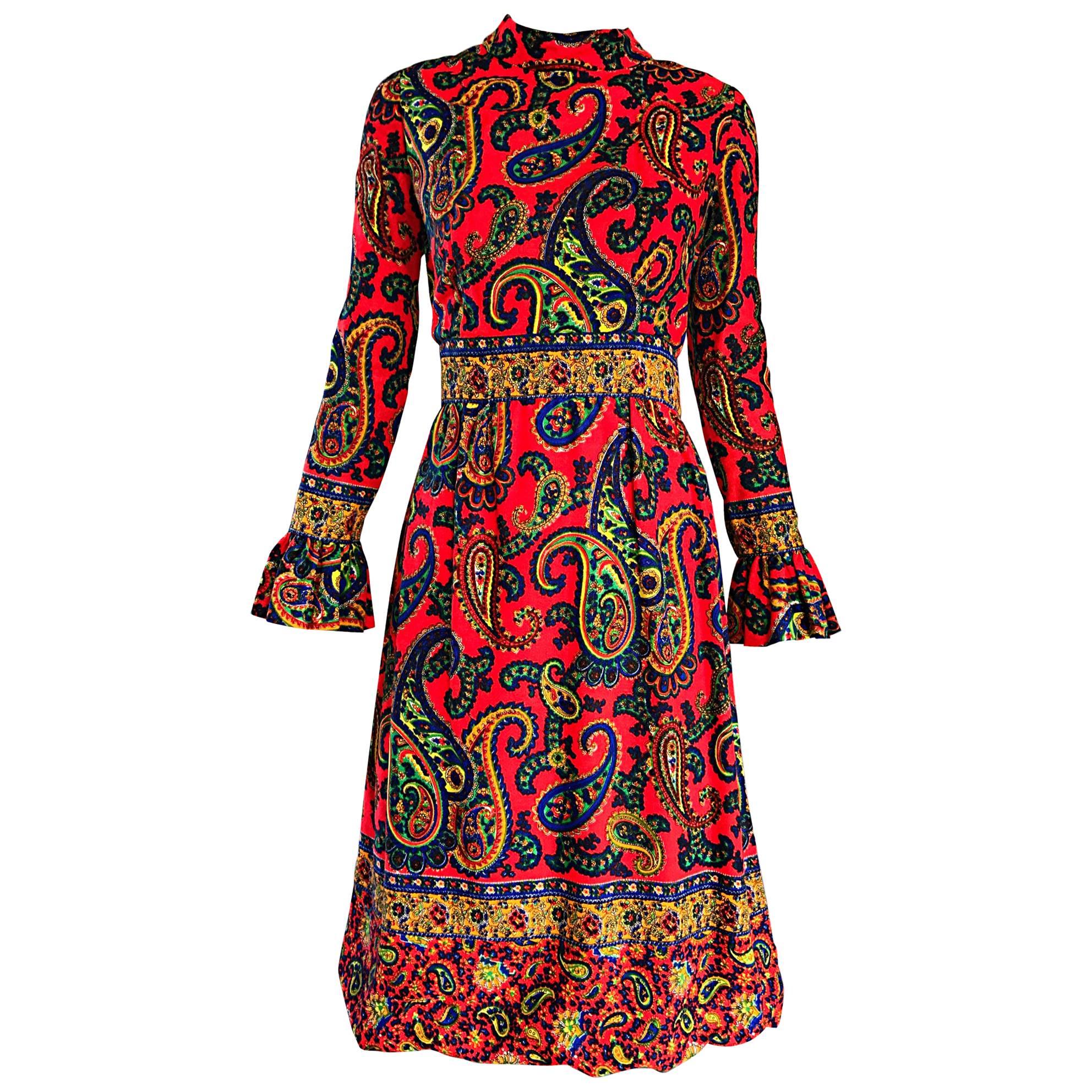 Pat Sandler 1960s Neon Naranja Paisley Psicodélico Vintage A - Line 60s Vestido en venta
