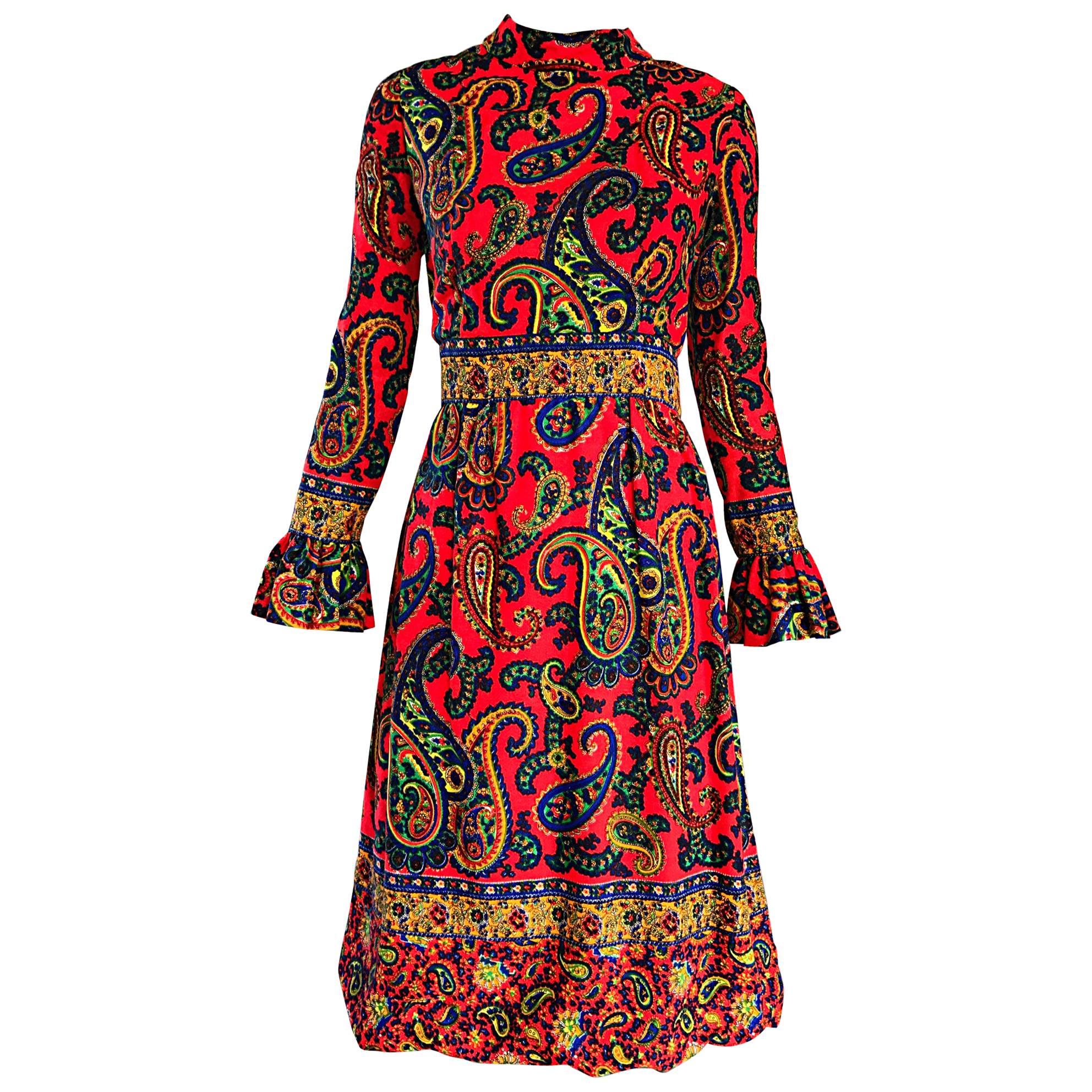 Pat Sandler 1960s Neon Orange Paisley Psychedelic Vintage A - Line 60s Dress  For Sale