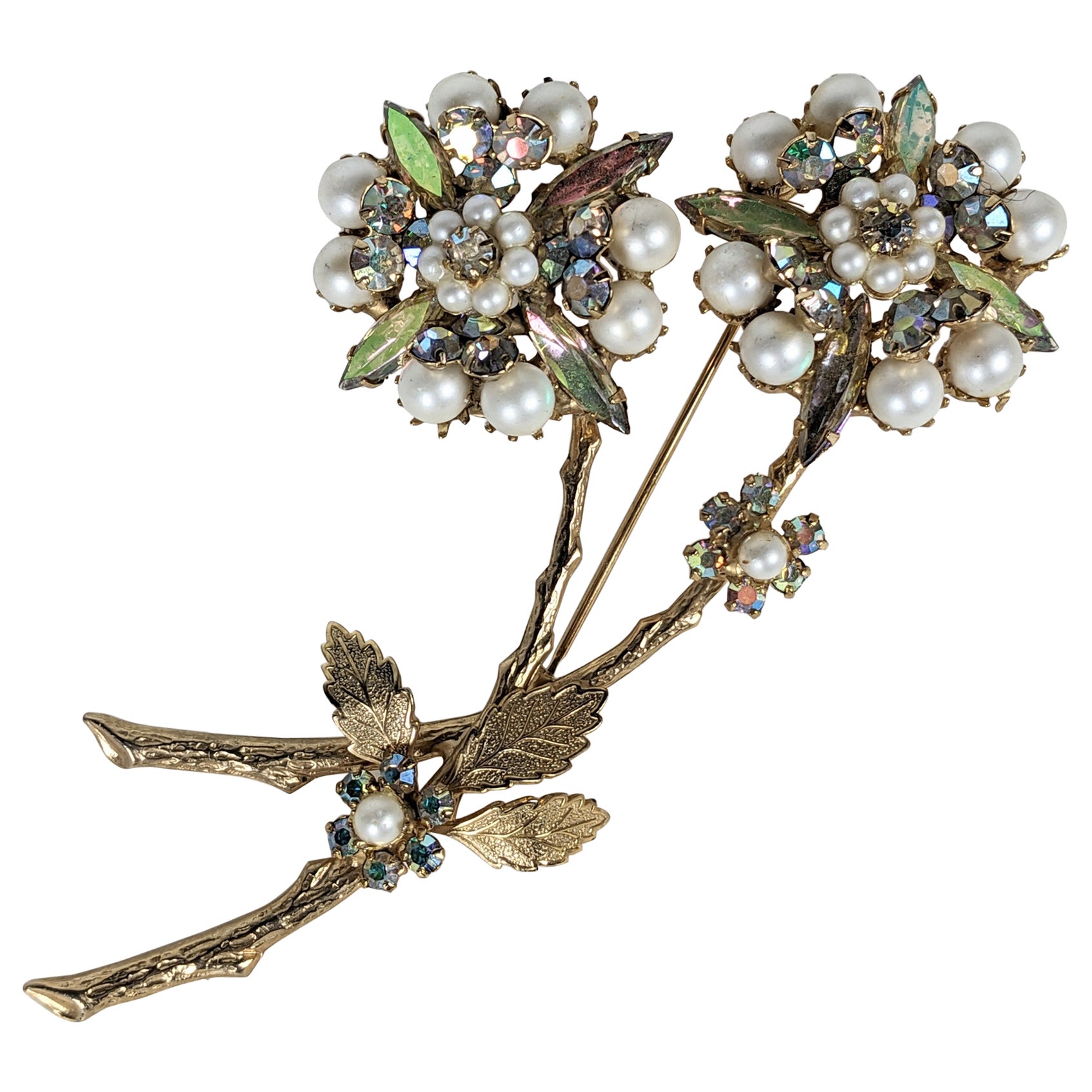 Alice Caviness Aurora and Pearl Floral Spray Brooch For Sale