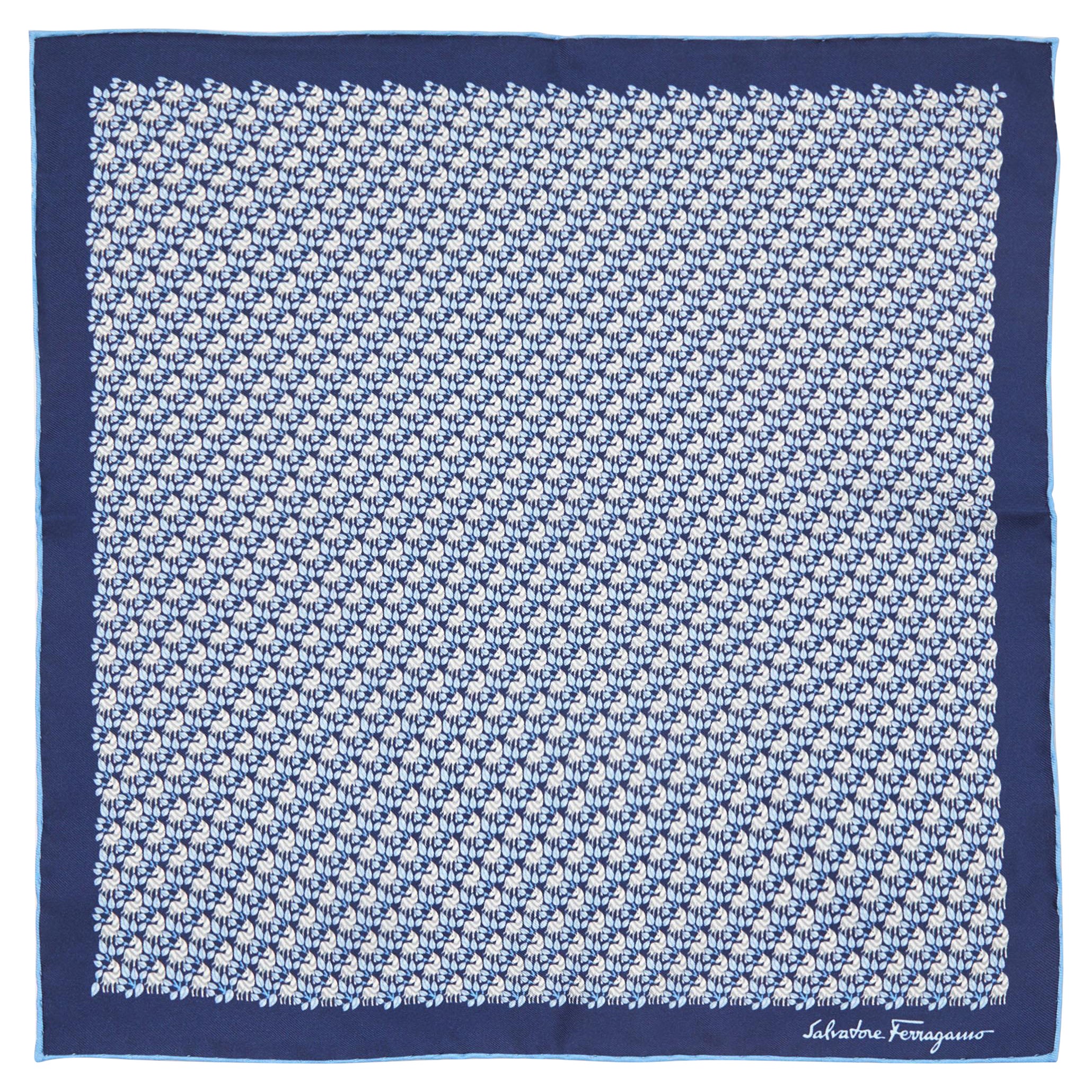 Salvatore Ferragamo Blue Print Silk Tie and Pocket Sqaure