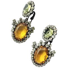 Retro KJL citrine and topaz paste drop earrings, 1960s