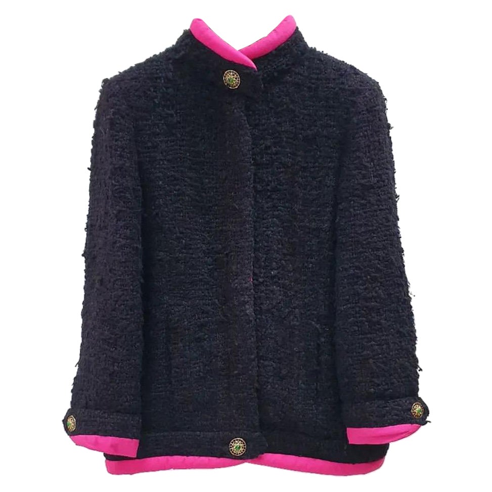 CHANEL 12A Black Silk Tweed Gripore Button Jacket  For Sale