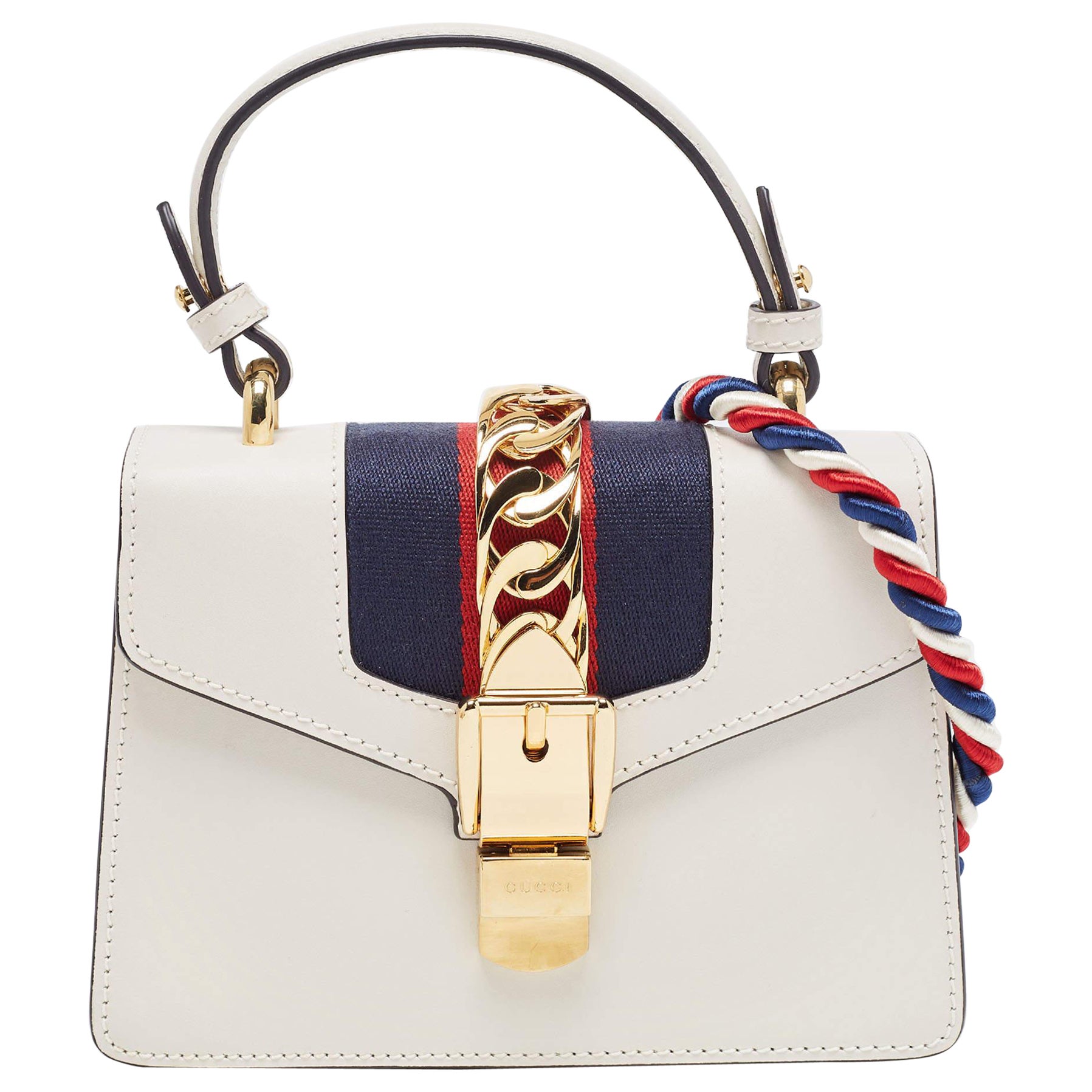 Gucci Off White Leather Mini Web Sylvie Top Handle Bag