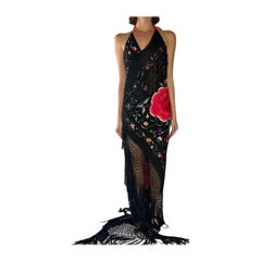 Morphew Atelier Black Bias Cut Silk Crepe Hand-Embroidered Piano Shawl Gown Wit