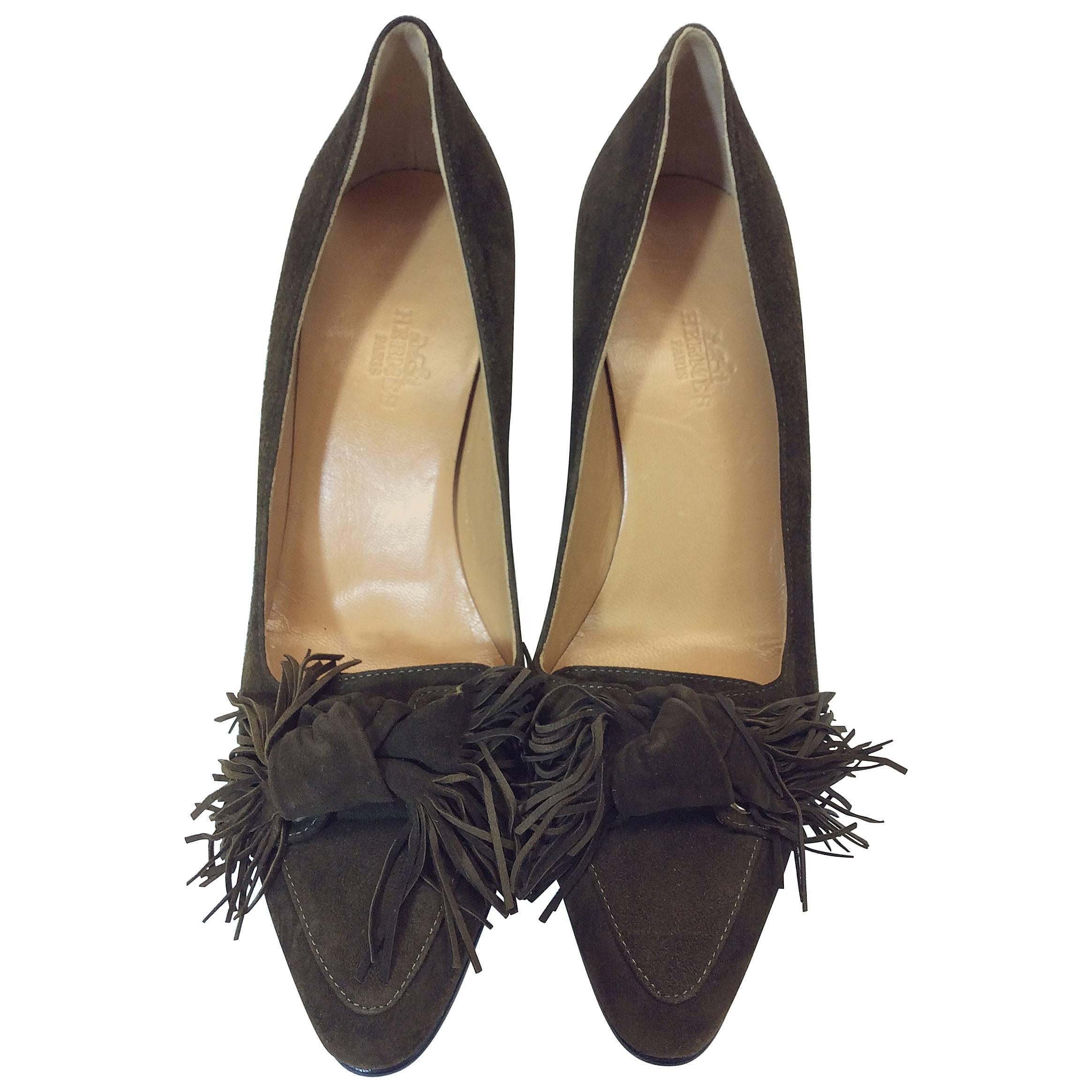 Hermes Brown Suede Fringe Pumps  For Sale