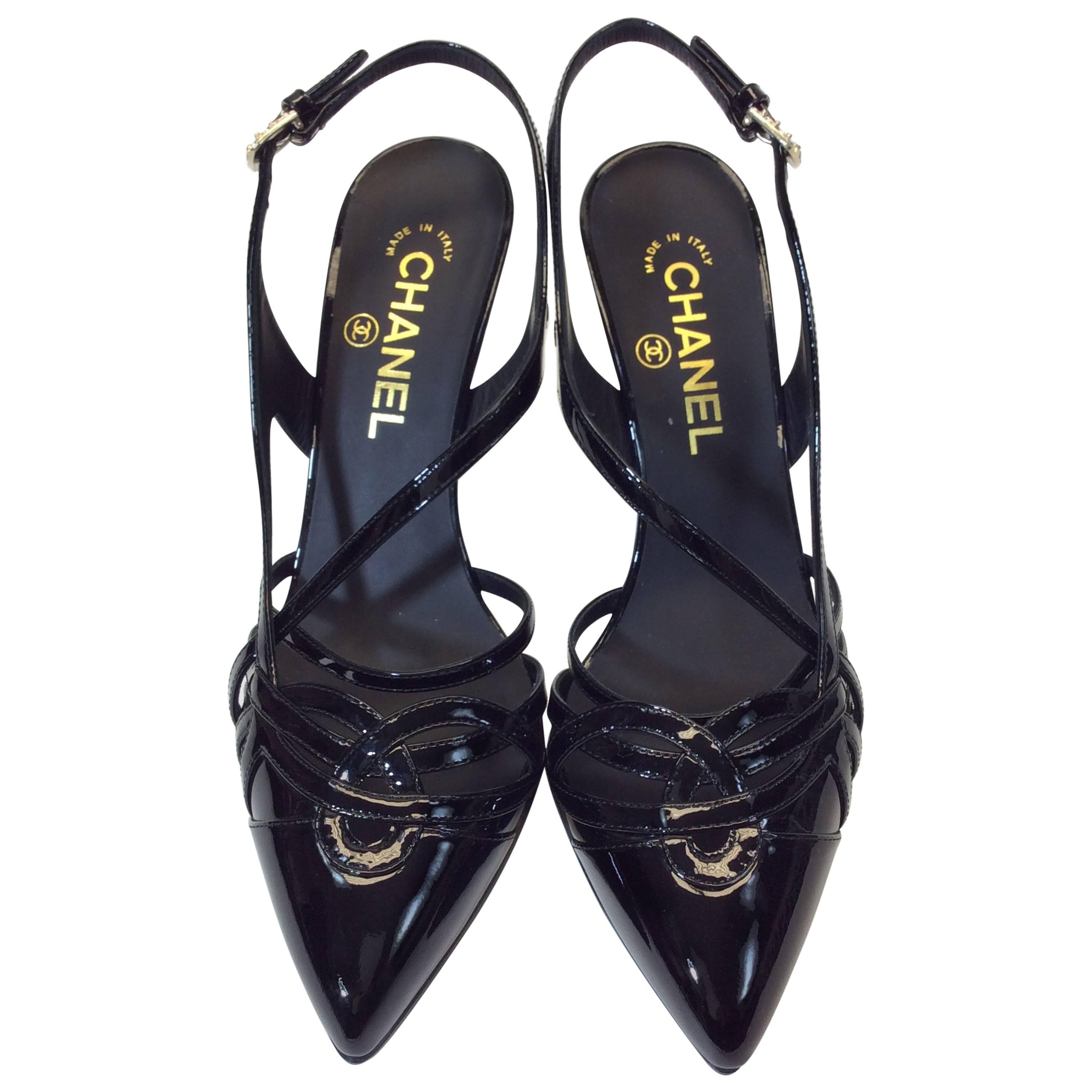 Chanel Black Patent Leather Strap Heel For Sale at 1stDibs