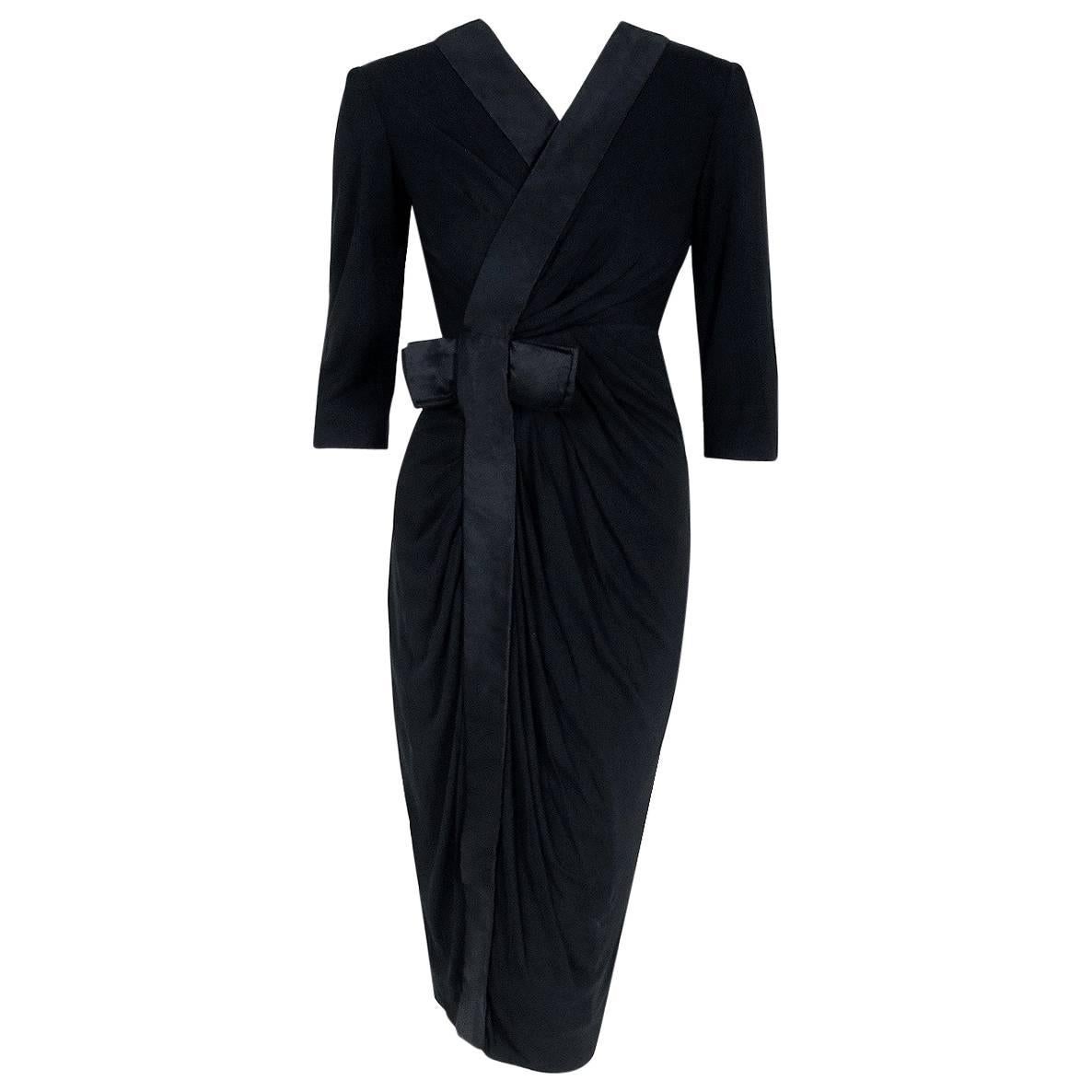 1959 Pierre Balmain Haute-Couture Black Sculpted Silk-Jersey Cocktail Dress  