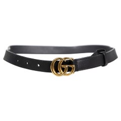 Used Gucci Black Leather Logo Buckle Thin Belt